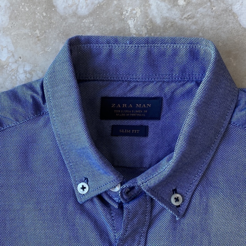 Zara Man Blue Button Down Shirt with navy elbow pads - S - Picture 2 of 6